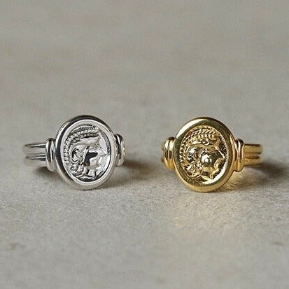 Gold signet ring, ancient greek jewelry, vintage coin,  Boho Medallion Coin Ring for women, Platinum planted antique statement ring, Athena