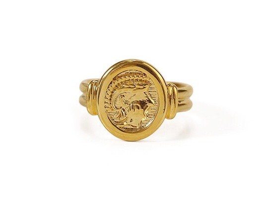 Gold signet ring, ancient greek jewelry, vintage coin,  Boho Medallion Coin Ring for women, Platinum planted antique statement ring, Athena