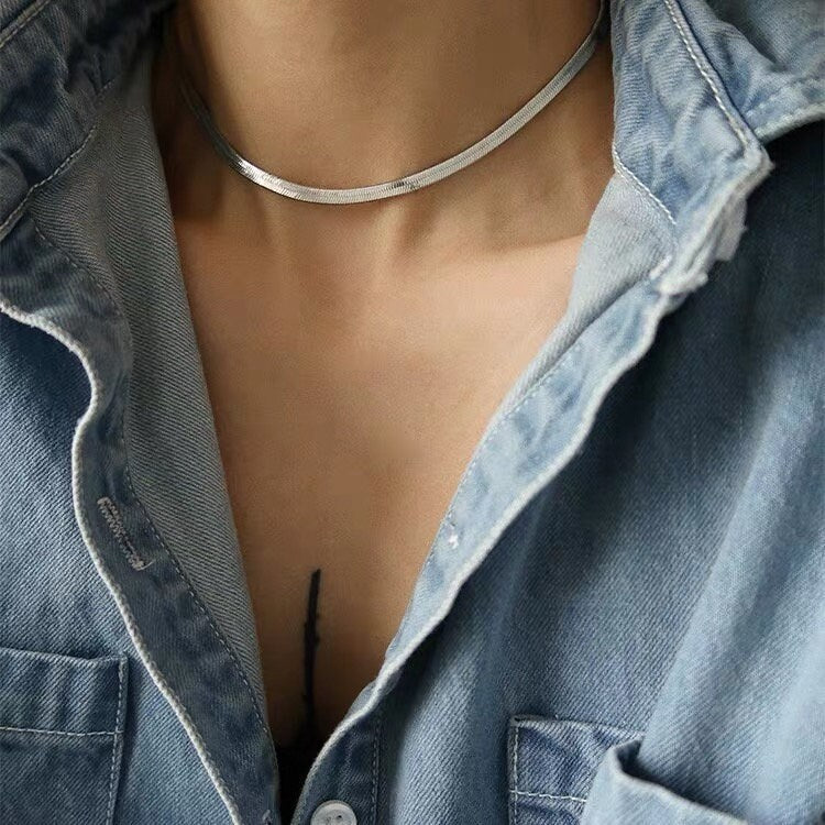 Edelstahl Fischgräten-Choker-Halskette, Fischgräten-Kette, Schlangenkette, Schlangen-Halskette, flache Schlangenkette, Layering-Kette, Punk-Schmuck, Herz