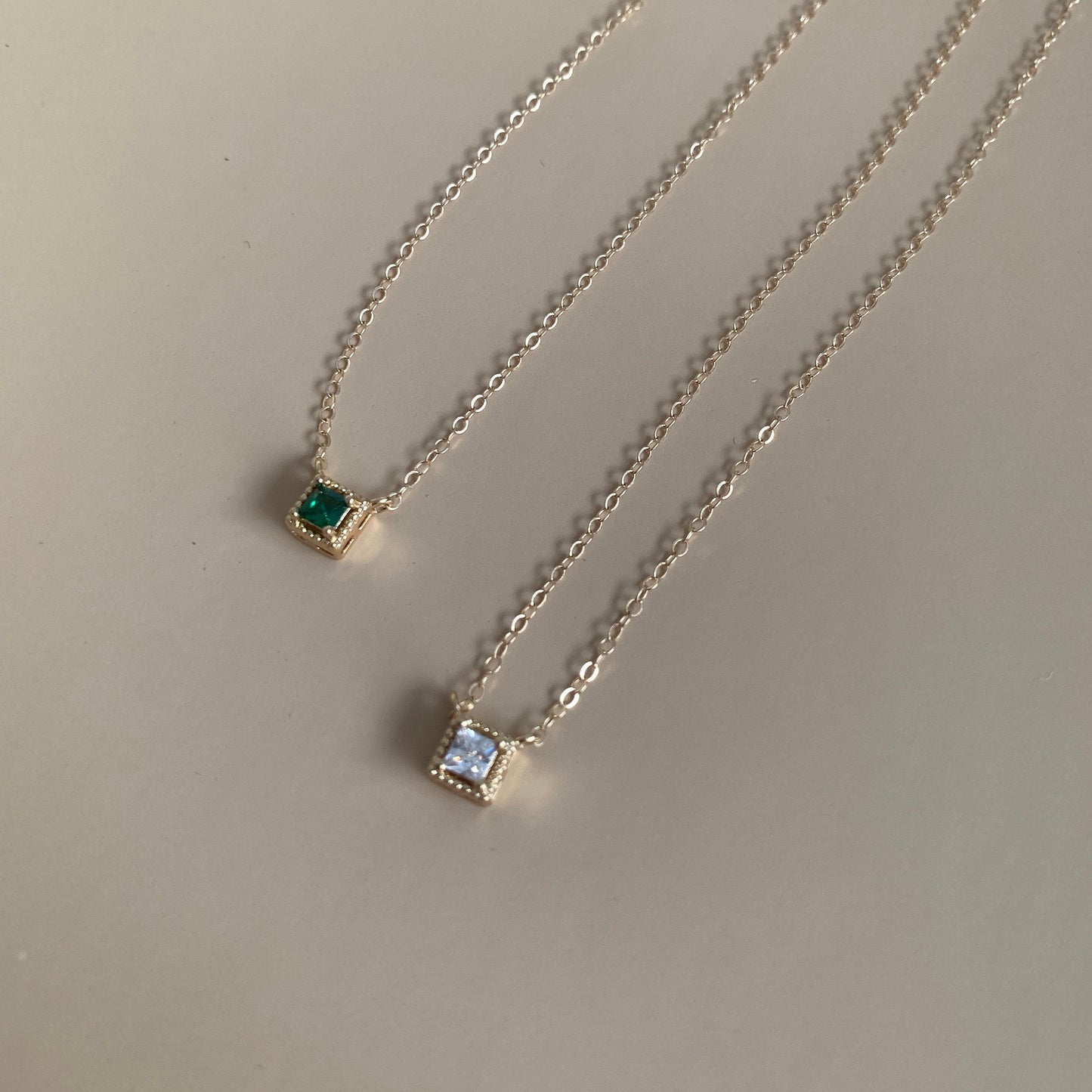 Dainty Square Emerald Necklaces - 14k gold filled