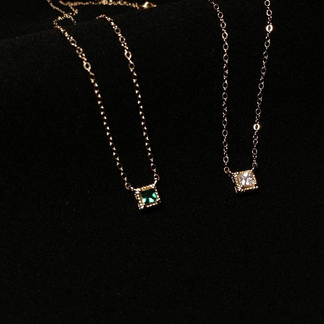 Dainty Square Emerald Necklaces - 14k gold filled