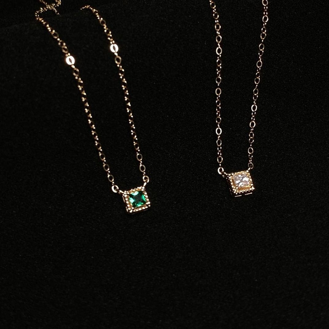 Dainty Square Emerald Necklaces - 14k gold filled