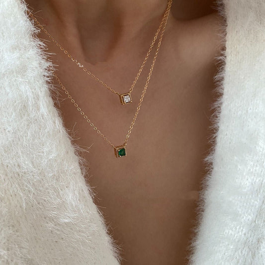 Dainty Square Emerald Necklaces - 14k gold filled