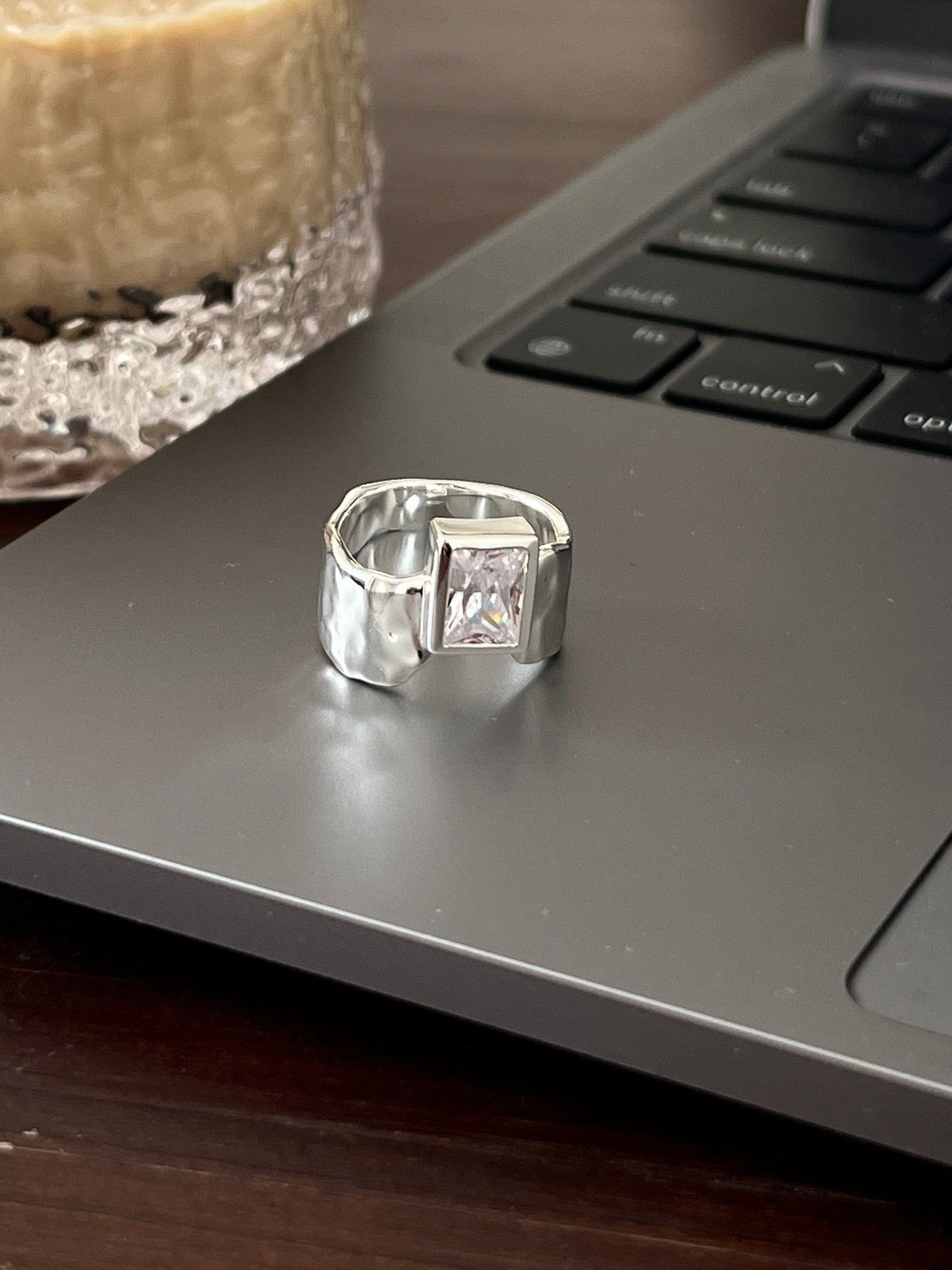 Square stone Hammered Rings - Sterling Silver