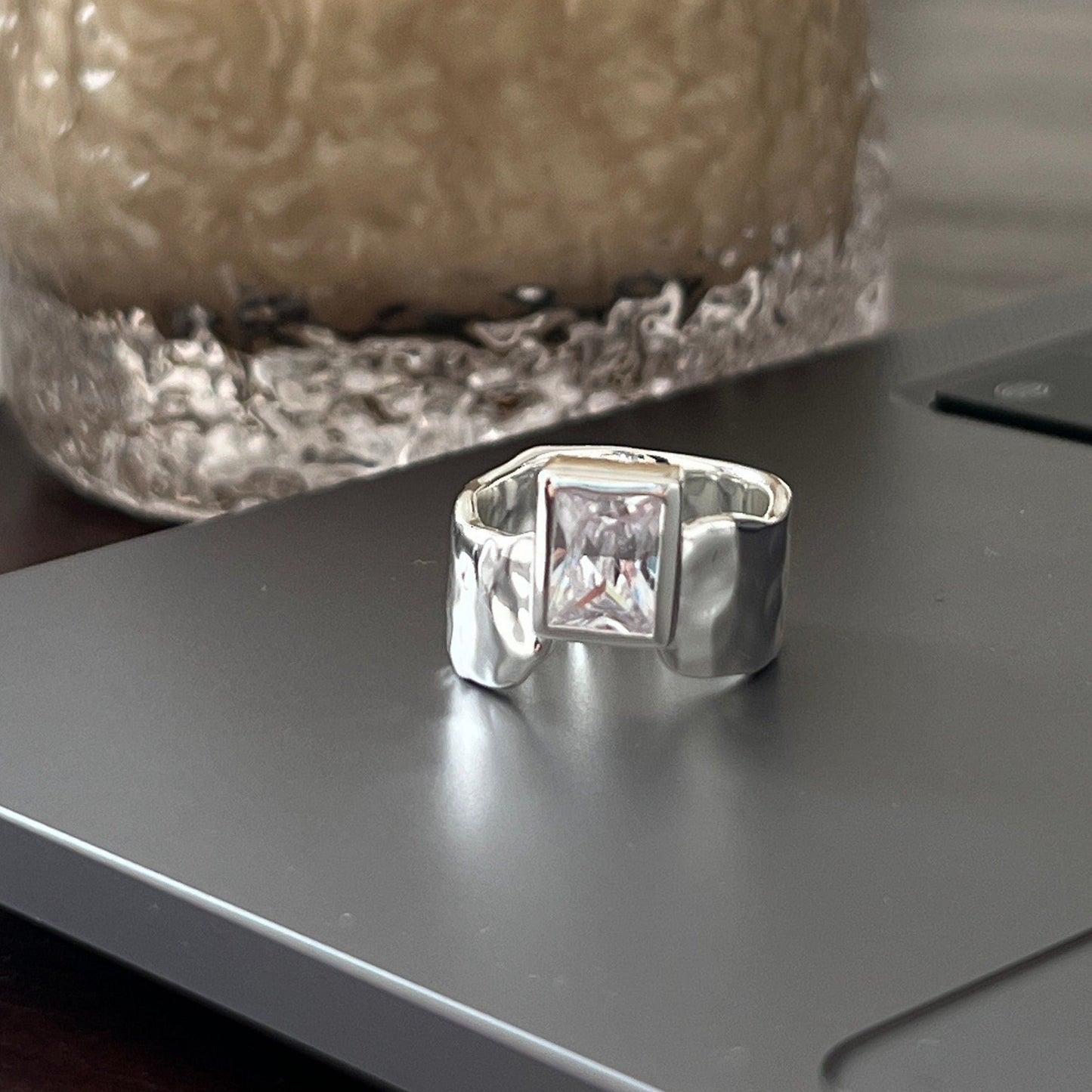 Square stone Hammered Rings - Sterling Silver