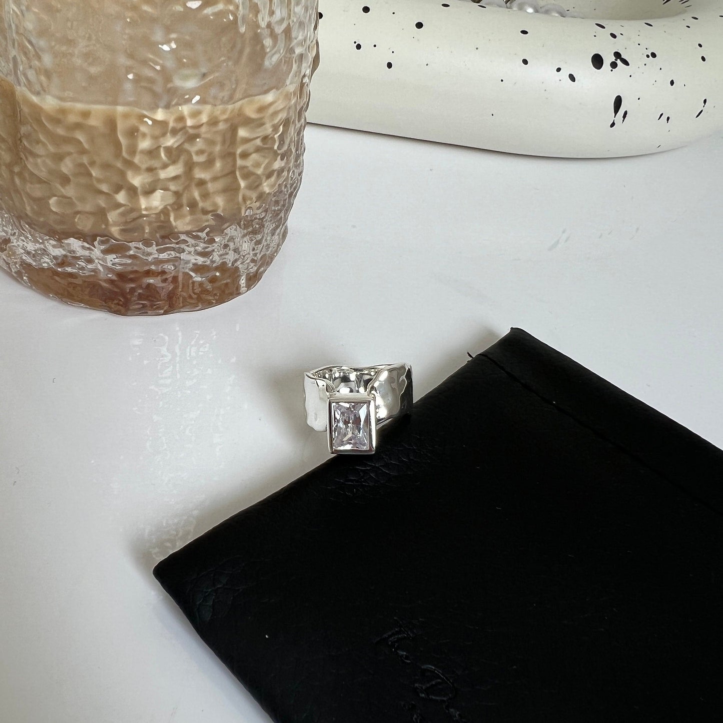 Square stone Hammered Rings - Sterling Silver